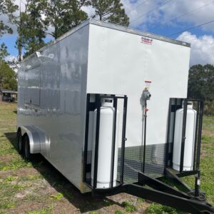 7×18 Tandem Axle Concession Trailer – 7′ Hood – Gas Lines – Sink Package – Electrical - White