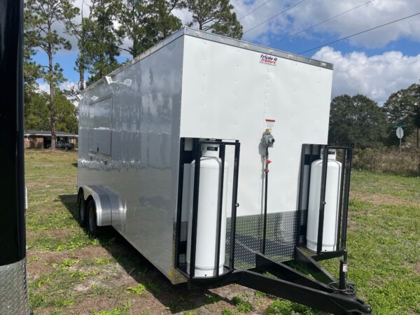 7×18 Tandem Axle Concession Trailer – 7′ Hood – Gas Lines – Sink Package – Electrical - White
