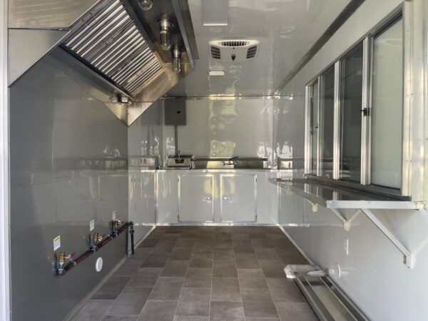 7×18 Tandem Axle Concession Trailer – 7′ Hood – Gas Lines – Sink Package – Electrical - White - Image 4