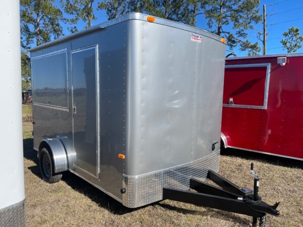 7×12 Single Axle Concession Trailer- Sink Package – Finished Interior – 7 Foot Ceiling – 13,500 BTU A/C - Silver