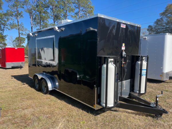 7×18 Tandem Axle Concession Trailer – 7′ Hood – Gas Lines – Sink Package – Electrical - Black