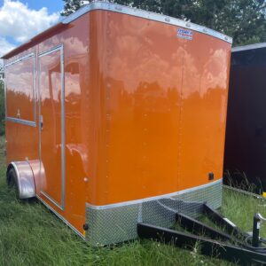 7×12 Single Axle Concession Trailer- Sink Package – Finished Interior – 7 Foot Ceiling – Checkered Floor - Orange