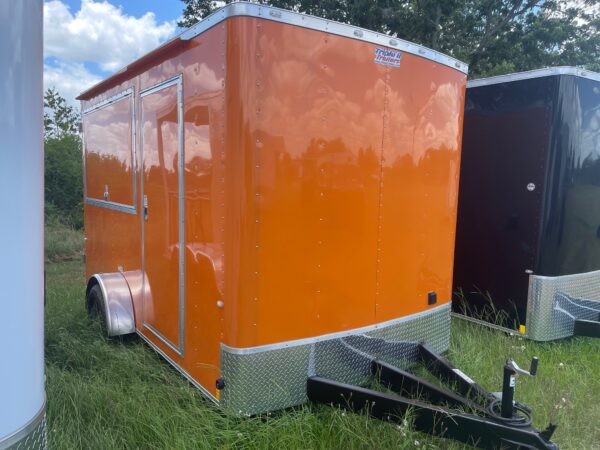 7×12 Single Axle Concession Trailer- Sink Package – Finished Interior – 7 Foot Ceiling – Checkered Floor - Orange