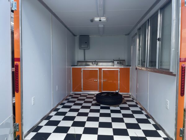 7×12 Single Axle Concession Trailer- Sink Package – Finished Interior – 7 Foot Ceiling – Checkered Floor - Orange - Image 4