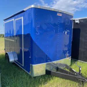 7×12 Single Axle Concession Trailer- Sink Package – Finished Interior – 7 Foot Ceiling – Deep Blue - Checkered Floor
