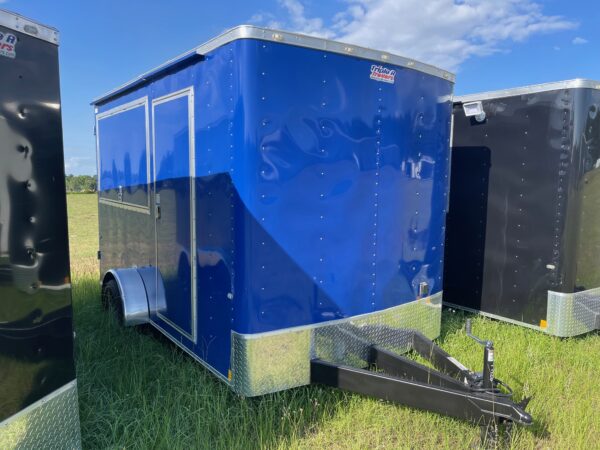 7×12 Single Axle Concession Trailer- Sink Package – Finished Interior – 7 Foot Ceiling – Deep Blue - Checkered Floor