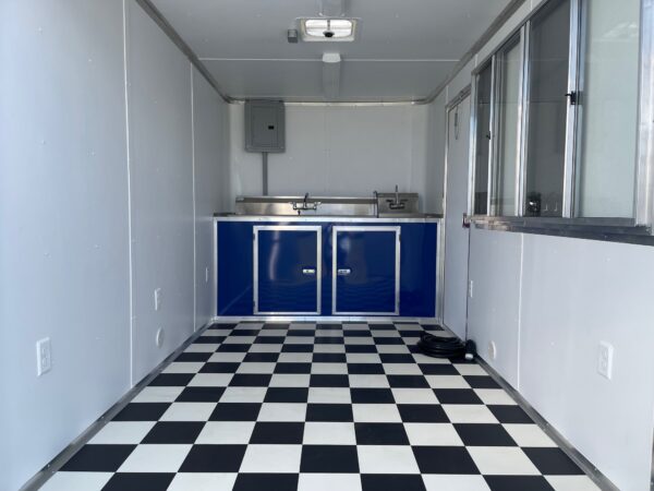 7×12 Single Axle Concession Trailer- Sink Package – Finished Interior – 7 Foot Ceiling – Deep Blue - Checkered Floor - Image 4