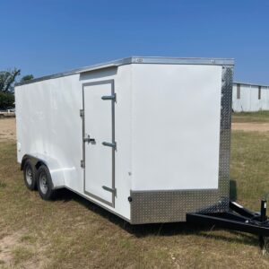 7×16 Tandem Axle Cargo Trailer – 16” On Center Floors, walls, and roof – Ramp Door – Side Door - White