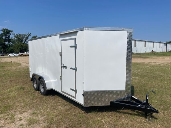 7×16 Tandem Axle Cargo Trailer – 16” On Center Floors, walls, and roof – Ramp Door – Side Door - White
