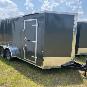 7×16 Tandem Axle Cargo Trailer – 16” On Center Floors, walls, and roof – Ramp Door – Side Door – Charcoal Gray