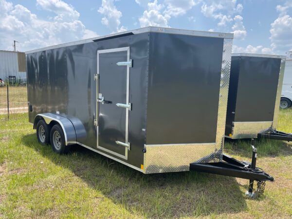 7×16 Tandem Axle Cargo Trailer – 16” On Center Floors, walls, and roof – Ramp Door – Side Door – Charcoal Gray