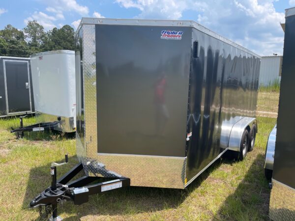 7×16 Tandem Axle Cargo Trailer – 16” On Center Floors, walls, and roof – Ramp Door – Side Door – Charcoal Gray - Image 2
