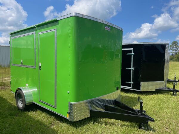7×12 Single Axle Concession Trailer- Sink Package – Finished Interior – 7 Foot Ceiling – 13,500 BTU A/C – Green