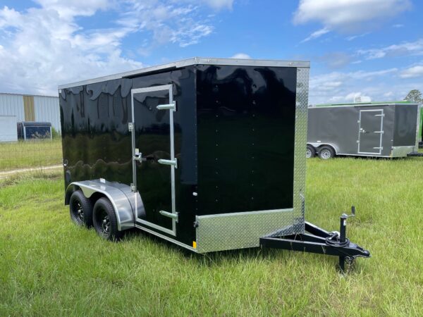7×12 Tandem Axle Cargo Trailer – 16” On Center Floors, walls, and roof – Ramp Door – Side Door – Black
