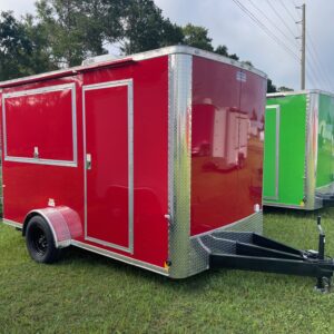 7×12 Single Axle Concession Trailer- Sink Package – Finished Interior – 7 Foot Ceiling – 13,500 BTU A/C – Red Poly Core