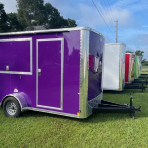 7×12 Single Axle Concession Trailer- Sink Package – Finished Interior – 7 Foot Ceiling – 13,500 BTU A/C – Purple Poly Core