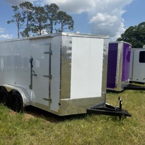 7×12 Tandem Axle Trailer – 16” On Center Floors – Walls – Roof – V-nose – Ramp Door – Side Door – White