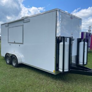 7×18 Tandem Axle Concession Trailer – 7′ Hood – Gas Lines – Sink Package – Electrical – White Poly Core