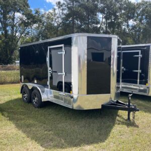 7×12 Tandem Axle – Motorcycle Trailer – Ramp Door – Side Door – (3) Rows Of E-track (2) Wheel Chocks – Black Poly Core