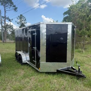 7×14 Tandem Axle Trailer – 16” On Center Floors - Walls - Roof – V-nose – Ramp Door – Side Door - Black