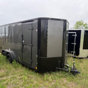 7×16 Tandem Axle Trailer – V-nose – Ramp Door – Side Door - 6 Foot 9 Inch Ceiling - Black Out Package