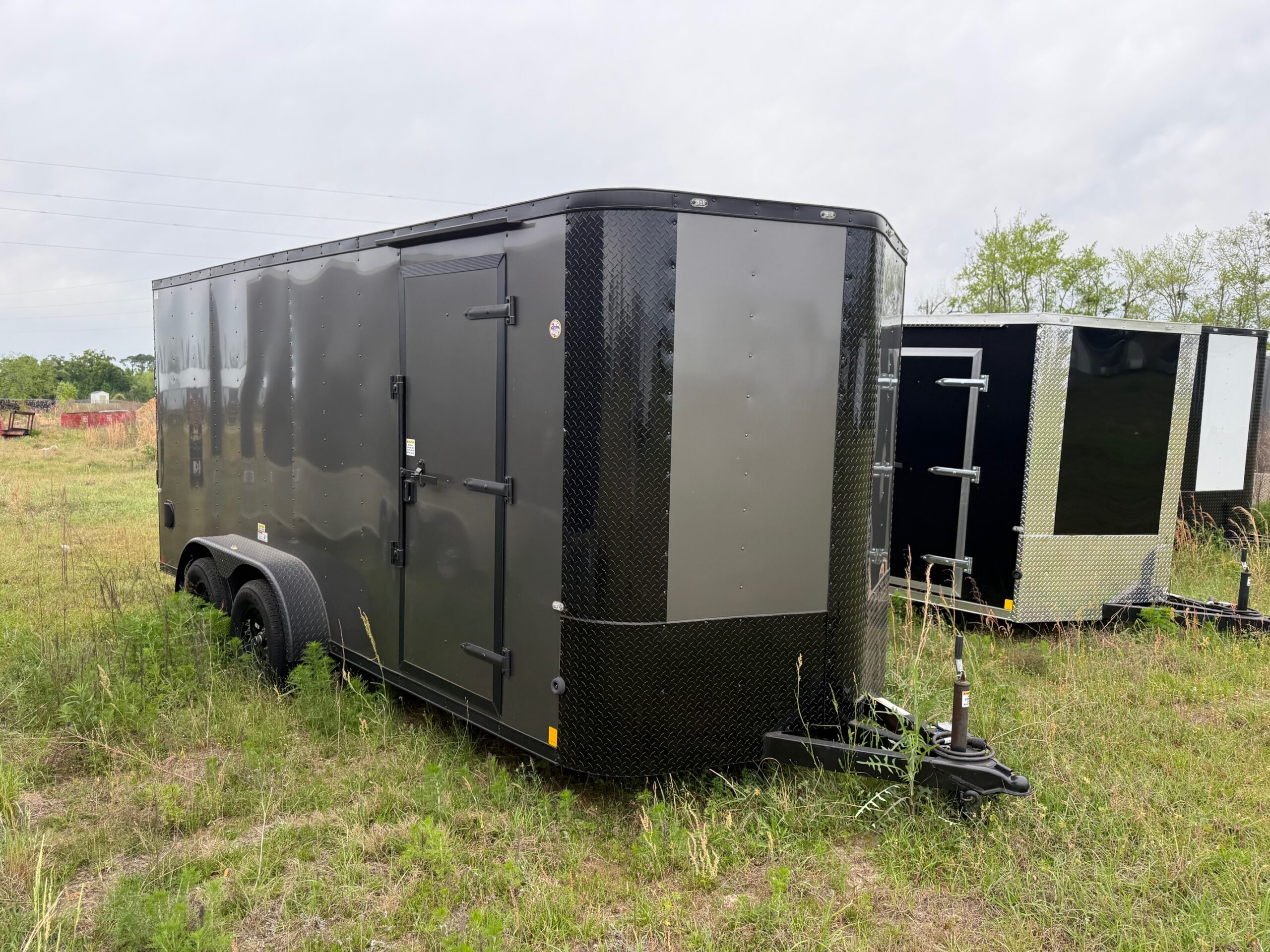 7×16 Tandem Axle Trailer – V-nose – Ramp Door – Side Door - 6 Foot 9 Inch Ceiling - Black Out Package