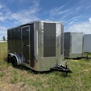 6×12 Tandem Axle Trailer – 16” On Center Floors – Walls – Roof – V-nose – Ramp Door – Side Door - Gray