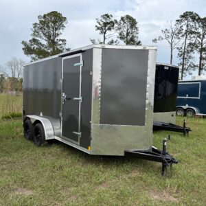 6×14 Tandem Axle Trailer – 16” On Center Floors – Walls – Roof – V-nose – Ramp Door – Side Door - Gray
