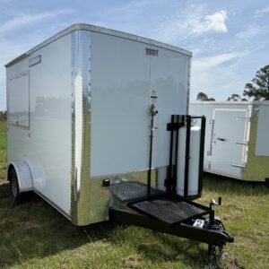 7×12 Single Axle Concession Trailer – 5′ Hood – Gas Lines – Sink Package – Electrical – White