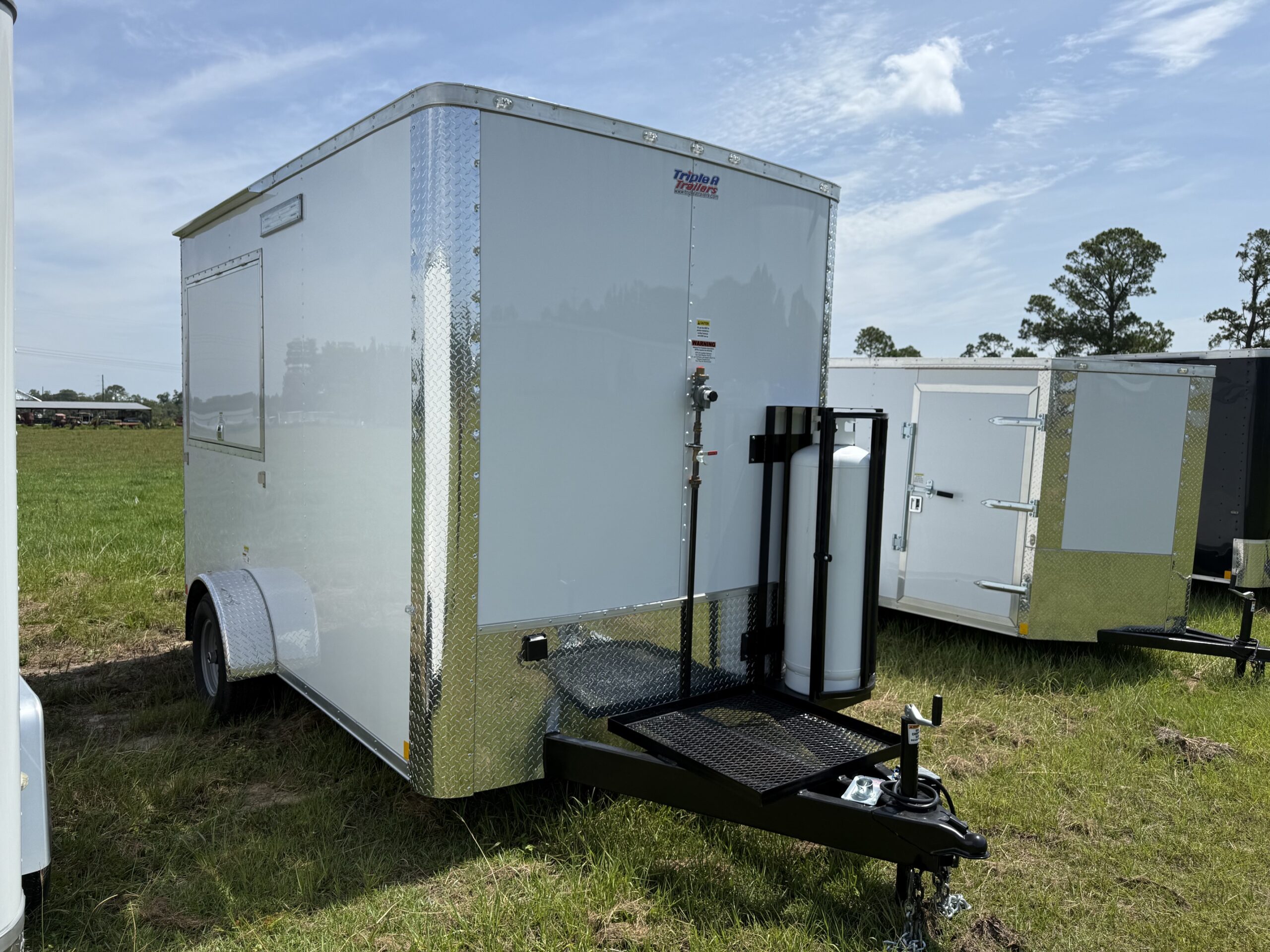 7×12 Single Axle Concession Trailer – 5′ Hood – Gas Lines – Sink Package – Electrical – White