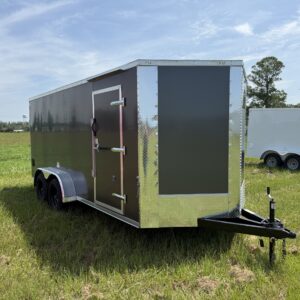 7×16 Tandem Axle Trailer – 16” On Center Floors & Walls – V-nose – Ramp Door – Side Door